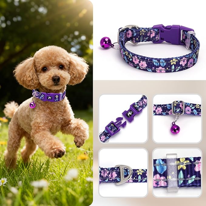 Floral Reflective Dog Collar with Bell -XSmall Puppy Collars for Puppia Pet Cat Girl Kitten Small Breeds, Cute Adjustable Nylon Collar for Yorkie Chihuahua Night Walks (XS)