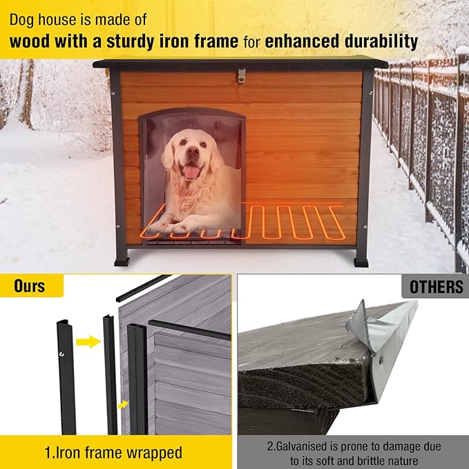 AIVITUVIN Outdoor Heated Dog House Anti Chewing Iron Frame Insulated Dog Kennel with Heating Pad Weatherproof Shelter （Brown,L）
