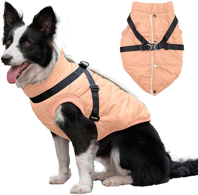 Dog Jacket with Harness,Fleece Lined Warm Puppy Coat for Winter,Soft Windproof Large Dog Vest,LightOrange XXL