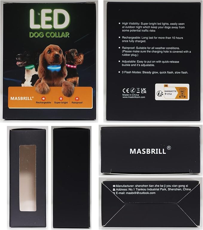 MASBRILL LED Dog Collar-Light Up Dog Collars Rechargeable Lighted Dog Collar Night Walking Glow Collar for Dogs
