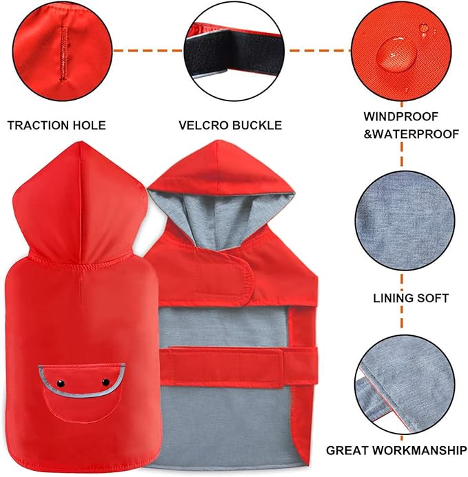 Dog Raincoat Dogs Rain Jacket Reflective Poncho Rainwear Waterproof Pet Clothes Warm Lined Pocket Hooded Leash Hole Adjustable Medium Dogs,Red,XXXL,Back Length 20.0 Inch
