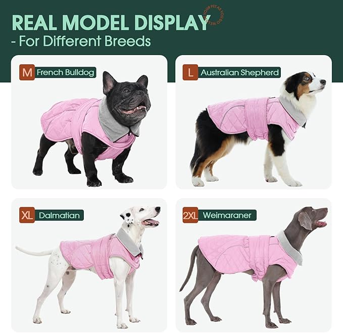 Kuoser Dog Coat, Super-Warm Dog Jacket Windproof Dogs Cold Weather Coats for Extra Large Dogs, Fleece Lining Turtleneck Puppy Snowsuit Reflective Adjustable Pet Winter Clothes Christmas, Pink 3XL