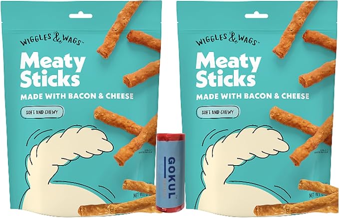 Wiggles & Wags Meaty Sticks, Also Known as Bacon & Cheese Soft Chews, Soft & Chewy Dog Treats for Adult Dogs, Made with Real Beef, 2-6 Oz Packs Bundled with Dog Poop Bag by Gokul Brands
