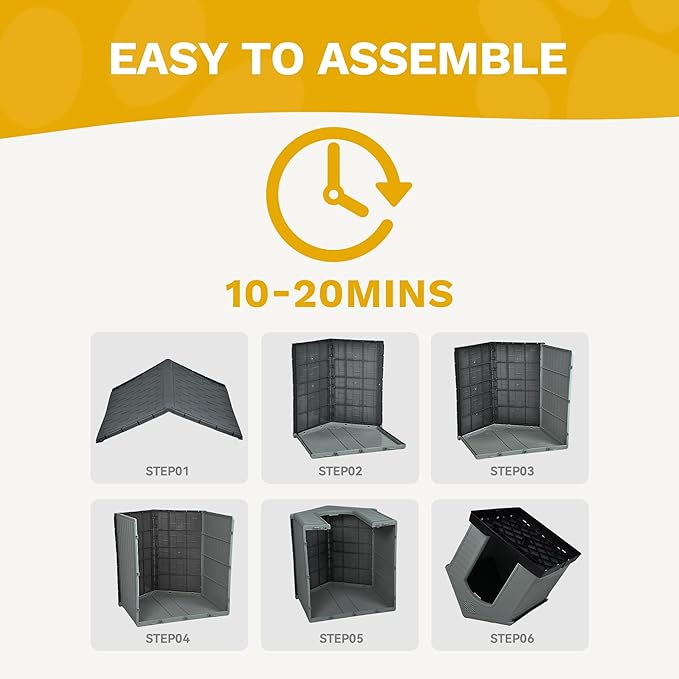 DWVO Plastic Dog House, Weatherproof Outdoor/Indoor Doghouse, Puppy Kennel with Air Vents and Elevated Floor