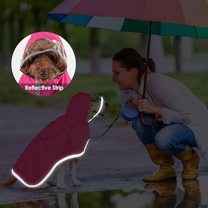 Lukovee Dog Raincoat, Adjustable Dog Rain Jacket with Clear Hooded Double Layer for Large Medium Small Dogs Puppies, Waterproof Rain Coat Poncho with Reflective Storage Pocket & Rim (Fuchsia,XS)