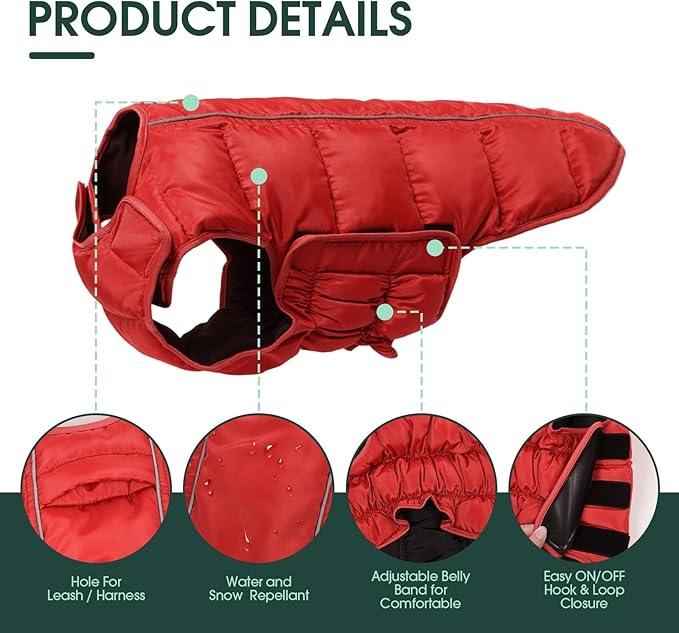 Kuoser Dog Puffer Jacket Warm Dog Coat for Small Dogs, Windproof Reflective Pet Padded Vest Cold Weather Clothes Puppy Snowsuit with Hook & Loop Coats, Easy On/Off, Red S