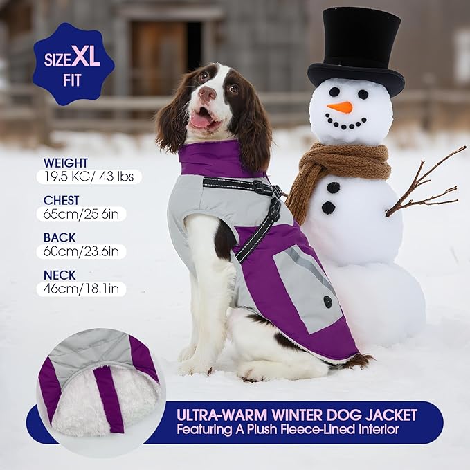 FUAMEY Dog Winter Jackets for Large Dogs,Dog Coat with Harness Built in,Waterproof Dogs Snowsuits Warm Pet Jacket Zip Up Fleece Cold Weather Coats Reflective Puppy Vest with Pocket Purple L