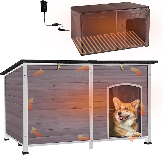 AIVITUVIN Outdoor Heated Dog House Anti Chewing Iron Frame Insulated Dog Kennel with Heating Pad Weatherproof Shelter （Grey,XL）