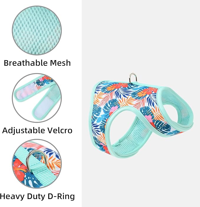 Mile High Life Dog Harness, Air Mesh Floral Vest Harness for 20 lbs Small Dogs & Cats, Easy Get on Adjustable Easy Closures Both Neck and Chest(Green Flower, XS Chest 14"-16")