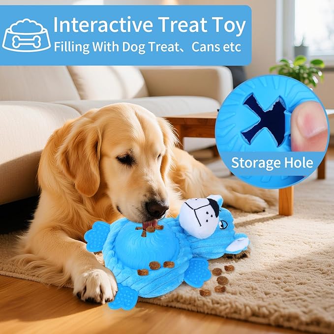 Interactive Dog Toys, Plush Dog Toy with Treat Dispensing Ball, Squeaky Dog Toy with Cute Plastic Paws for Playing,Slow Eat Hiding Food Enrichment Toy for Small & Medium Breeds (Blue)