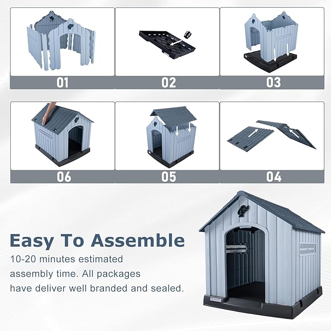 LEMBERI Large Plastic Dog House for Medium Large Dogs, Durable Waterproof Indoor Outdoor Doghouse with Air Vents and Elevated Floor, Easy to Assemble (Gray, 38.7" L x 36.8" W x 39.1" H)