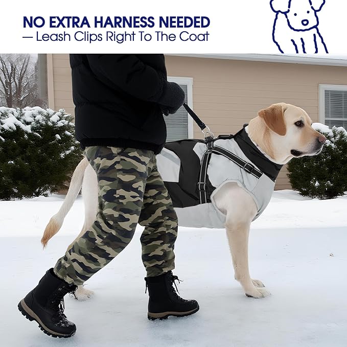 FUAMEY Dog Winter Jackets for Large Dogs,Dog Coat with Harness Built in,Waterproof Dogs Snowsuits Warm Pet Jacket Zip Up Fleece Cold Weather Coats Reflective Puppy Vest with Pocket Black 2XL