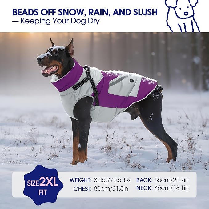 FUAMEY Dog Winter Jackets for Large Dogs,Dog Coat with Harness Built in,Waterproof Dogs Snowsuits Warm Pet Jacket Zip Up Fleece Cold Weather Coats Reflective Puppy Vest with Pocket Purple XL