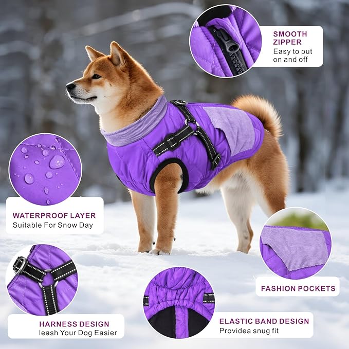 Mosucoirl Warm Dog Coats Pet Clothes, Waterproof Dogs Jacket Reflective Pet Outfits Winter Dog Cold Weather Coat Cozy Snow Jackets Vest for Small Medium Large Dogs Puppy Doggie (Purple, XXL)