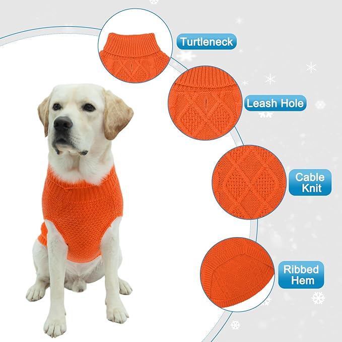 Mihachi Turtleneck Dog Sweater - Winter Coat Apparel Classic Cable Knit Clothes with Leash Hole for Cold Weather, Ideal Gift for Pet in New Year Orange, Medium/Large