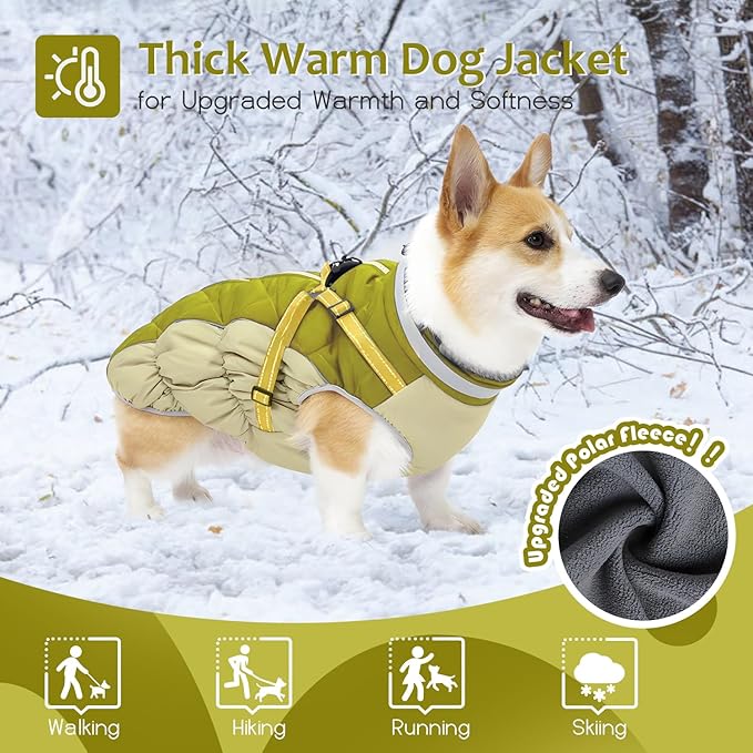 Dog Winter Coat with Harness, Dog Jacket, Pet Clothes with Zipper on Back, Waterproof Windproof Warm Vest, Reflective Cold Weather Coats, for Small Medium Large Dogs, Thick, Green, S