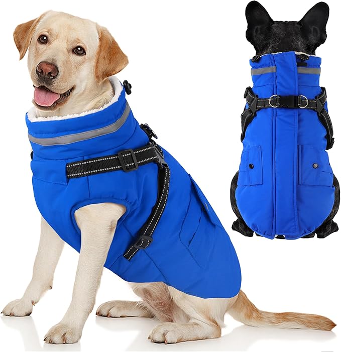 Dogcheer Dog Coat with Harness, Waterproof Warm Dog Winter Jacket with Pockets, Reflective Pet Fleece Jacket Turtleneck Snowsuit for Small Medium Large Dogs - Blue, L