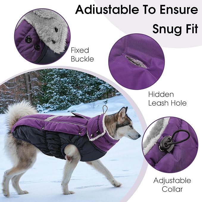 Queenmore Waterproof Dog Coat for Small Dogs,Reflective Windproof Dog Jackets with Leash Hole,Winter Dogs Coat with Zipper On Back,Warm Snowsuit with Fleece Lining（Purple,S