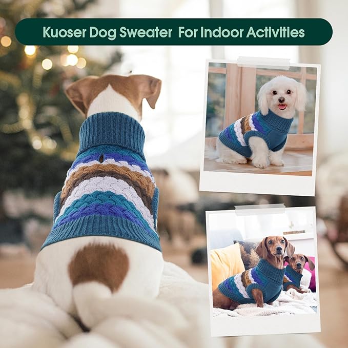 Kuoser Dog Sweater, XS Dog Sweater Pet Cable Knitted Pullover Warm Clothes, Puppy Turtleneck Classic Knitwear Soft Thickening Christmas Outfit, Cold Weather Thermal Wear for Small Dogs, Blue XS