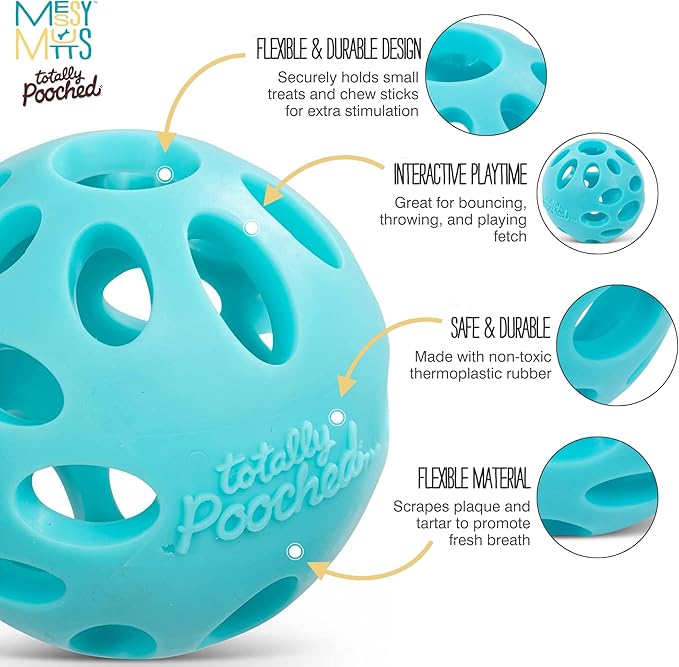 Messy Mutts Totally Pooched Huff'n Puff Ball | 2.5” TPR Puzzle Ball for Dogs | 2-in-1 Durable Interactive Toy and Tooth Cleaner | Teal