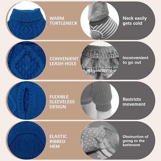 BINGPET Thermal Knitted Dog Sweater for Small Medium Large Dogs,Winter Dog Cat Coat Warm Sweartershirts Outfits,Classic Cable Knit Turtleneck Pullover Dog Jumper Coat Warm Sweartershirts(Blue,S)