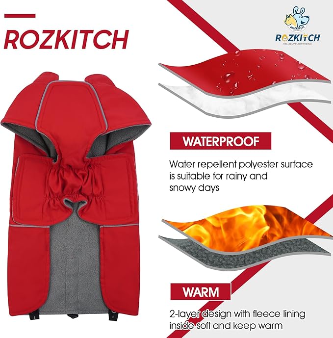 ROZKITCH Dog Raincoat Jacket, Waterproof Sweater with Fleece Liner and Leash Hole Reflective Strip for Small Medium Dog, Adjustable Windproof Poncho Vest for Outdoor Hiking Travel Red M