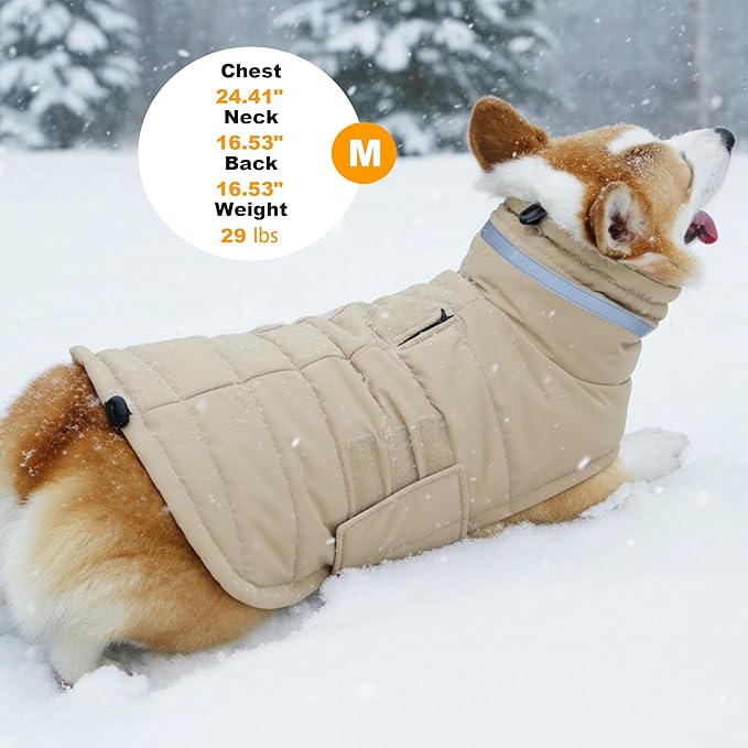 Dog Coat, Waterproof Winter Jacket, Warm Windproof Vest, Reflective Adjustable Turtleneck Coats for Medium and Large Dogs with Hook & Loop - Khaki - L