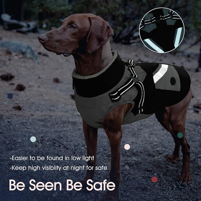 IECOii Dog Winter Coat Waterproof - Black, Medium - Dog Coat with Harness Built in for Medium Dogs, Thermal Warm Fleece Lined with Zip Up Cold Weather Jacket, Reflective Snowsuit for Outdoor Hiking