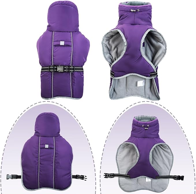 Dog Coats for Large Dogs,2XL Warm Fleece Winter Jacket,Dog Coat with Leash Hole,Waterproof Pet Cold Weather Coats Vest,Dogs Winter Clothes,Reflective Turtleneck PRT Snowsuit,Purple,2XL