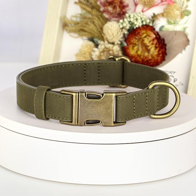 Didog Soft PU Leather Dog Collar, Stylish Quick Released Dog Collars for Medium Dogs, Easy Clean Adjustable Pet Collar for Daily Walking, Dark Green, M Fit 13-21" Neck