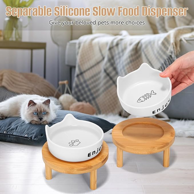 3PCS Elevated Cat Bowls,Wide Raised Ceramic Pet Dishes with Bamboo Stand, Whisker Friendly Pet Water or Food Plates Feeding Station for Indoor Small Dogs, Kitten (White(3PCS))