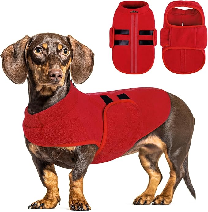 Queenmore Medium Dog Sweaters, Soft Fleece Vest Pullover Dog Jacket with Leash Hole, Warm Winter Dog Clothes Cold Weather Doggy Dachshund Sweater for Medium Dogs Cats Boy or Girl (Red,M)