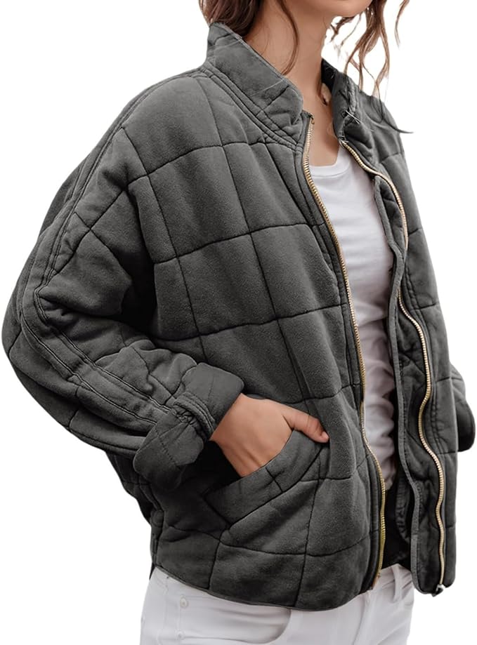 LIZALIG Warm Padded Coat for Women Full Zip Quilted Jackets Winter Oversized Causal Solid Color Stand Collar Pockets Coat