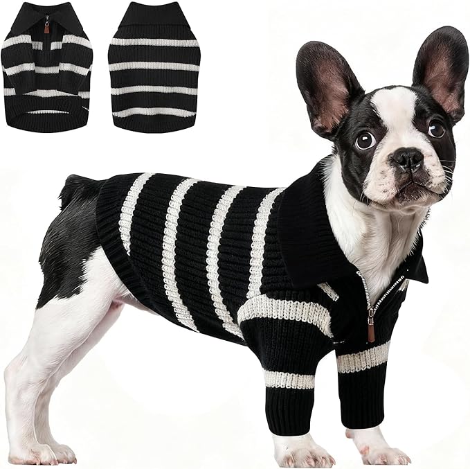 Small Dog Sweater with Zipper, Knitted Striped Pullover Dog Clothes for Cold Weather, Thick Warm Cozy Stretchy Sweater for Chihuahua, Bulldog, Dachshund, Pug(Black & White Strip, L)