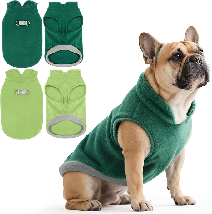 Idepet 2 Pack Dog Fleece Vest Sweater Warm Pullover Jacket with D-Ring Leash Reflective Winter Coat Hoodie for French Bulldog Pug Chihuahuas Yorkies Dachshunds(Dark Green&Grass Green,X-Small)