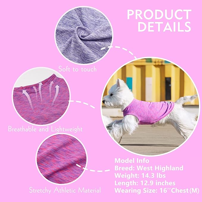 KYEESE 2 Pack Dog Shirts Quick Dry Soft Stretchy Sun Protection Dog T-Shirts with Reflective Label Tank Top Sleeveless Vest Pet Clothes for Small Medium Pet, Large, Purple+Pink