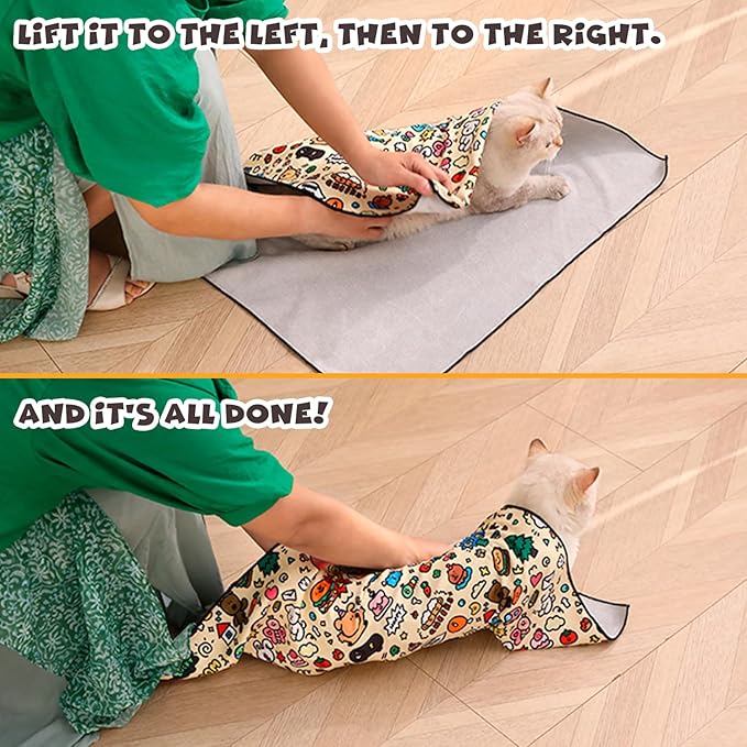 Cat Grooming Wrap, Self-Adherent Soft Cat Blanket to Wrap, Nail Clipping, Anti-Bite, Anti-Scratch, Anti-Escape Calming Wrap (Cute Prints, 3-6 lbs)