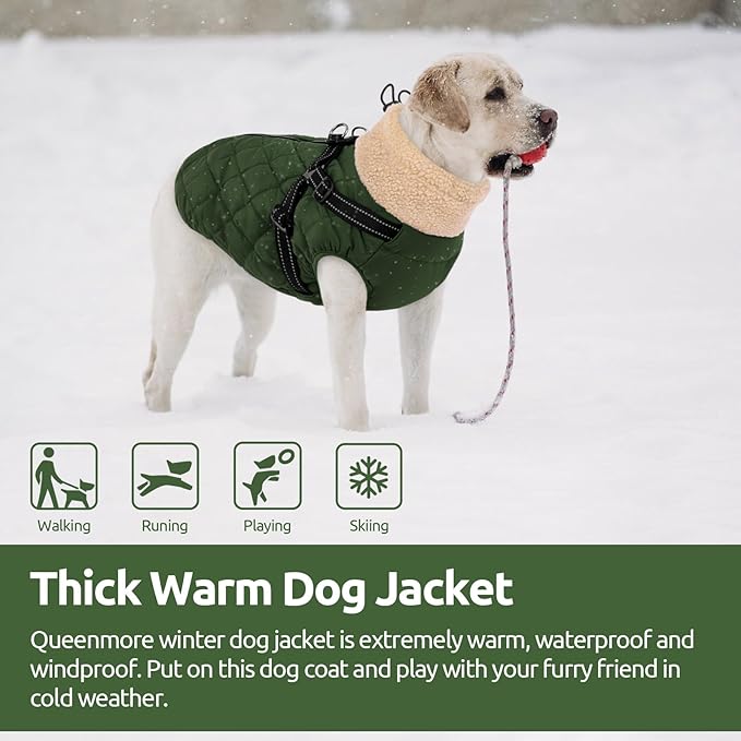 Queenmore Dog Coats for Large Dogs, Dog Jacket, Warm Fleece Winter DogCoat with Harness Built in, Back Zipper Pet Jacket for Large Breeds, Thick Fleece Lining Pet Snowsuit, ArmyGreen 2XL