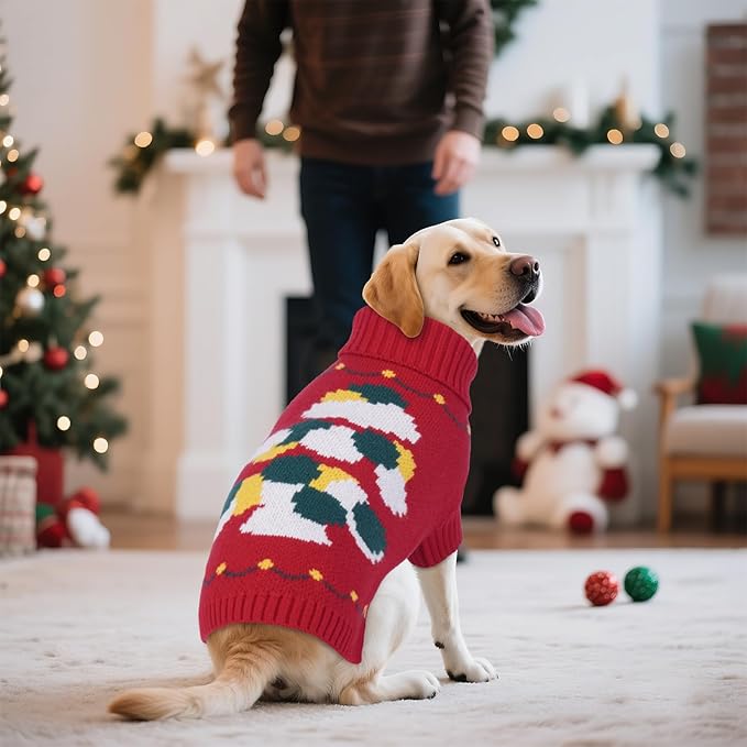 BRKURLEG Christmas Dog Sweaters for Cold Weather, Warm Turtleneck Large Dogs Sweaters, Dog Pullover Knitted Sweatshirt, Pet Xmas New Year Outfit for Labrador, Dalmatian (Red, XXL)