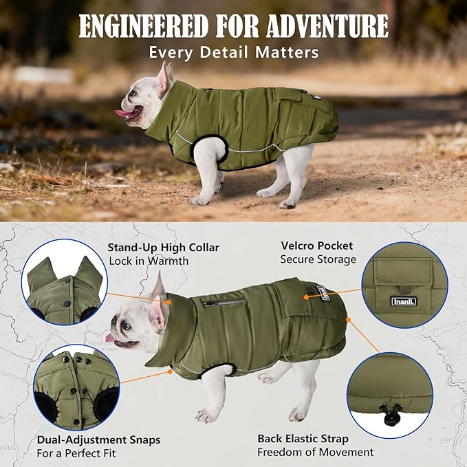 Dog Winter Jacket Waterproof, Reflective Fleece Lined Dog Coats for Small Medium Large Dogs, Warm Snow Coat for Dogs, Insulated Cold Weather Dogs Puffer Jackets with Leash Hole, Olive, XL