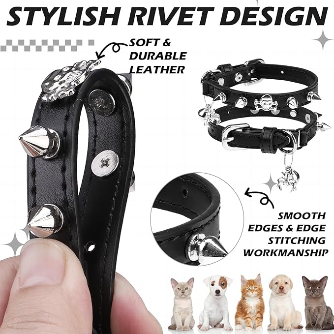 EXPAWLORER Leather Cat Collar for Girl Boy- Adjustable Pet Collar with Safety Elastic Belt,Personalized Punk Accessories Buckle Collars with Bell & Durable D-Ring,Rivet(Black)