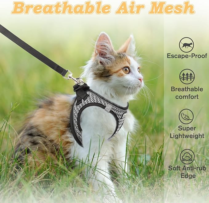 Cat Harness and Leash for Walking Escape Proof, Adjustable Kitten Vest Harness Reflective Soft Mesh Puppy Harness for Outdoor, Comfort Fit, Easy to Control (Grey, L)