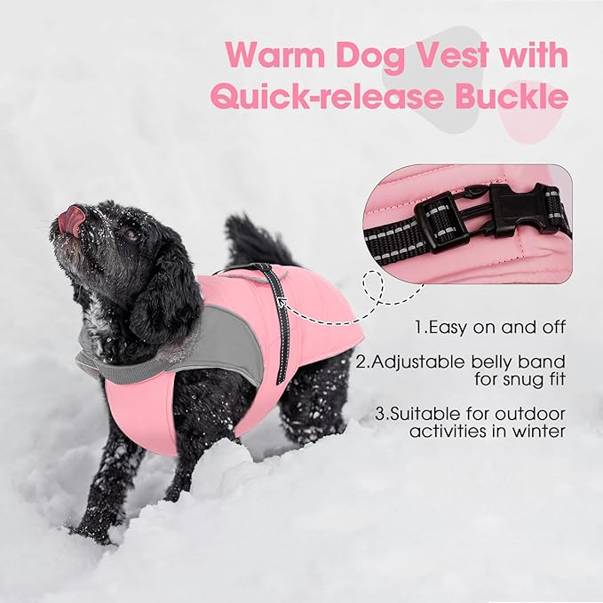 Nanaki Small Dog Coat for Winter Waterproof, Warm Fleece Lining Furry Collar Dog Jacket With Leash Hole, Reflective Adjustable Cold Weather Puppy Jacket Vest, Pullover Pet Snow Suit Male Female,Pink S