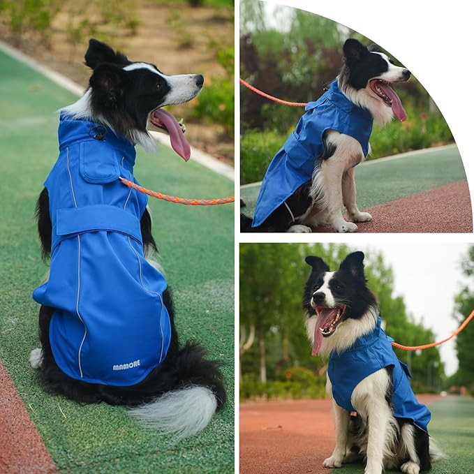 Waterproof Dog Raincoat with Reflective Strip, Adjustable Breathable Rain Coat Jacket with Leash Hole for Dogs (Blue, Medium)