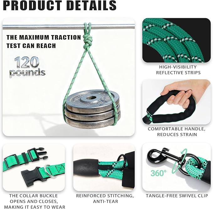Nylon Dog Leash for Medium Large Dogs, 5-FTReflective Heavy Duty Leash with Comfortable Handle & Poop Bag Dispenser Ring, 1/2 Inch Wide, Secure Reinforcement for Walking (Teal Blue, M)