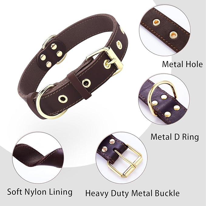 Leather Dog Collar,Dog Collar with Adjustable Sturdy Metal Buckle,Heavy Duty Dog Collar for Walking, Hiking, Training, Hunting (Brown,M:16.2"-22" Neck)
