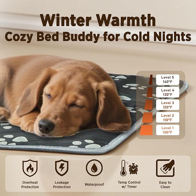 furrybaby Pet Heating Pad, Waterproof Dog Heating Pad Mat for Cat with Durable Anti-Bite Tube Indoor for Puppies Dogs Cats (1 Pack Black, 24 X 16in, Temp Adjustable)