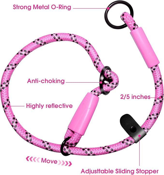 Detachable 2/5" Slip Lead, 4FT 6FT 8FT with Comfortable Silicone Handle Strong Rope Leash for Large Medium Small Dogs No Pull Highly Reflective Pet Training Leash (Pink-Black, 8FT)