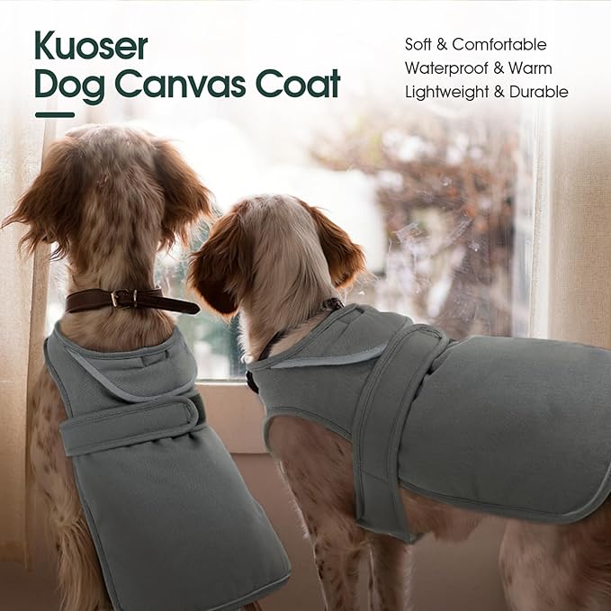 Kuoser Canvas Dog Coat, Warm Dog Jacket Reflective Fleece Pet Cold Weather Coat, Warm Doggie Clothes Waterproof Winter Vest with Zipper Leash Hole for Small Medium Large Dogs, Grey XL