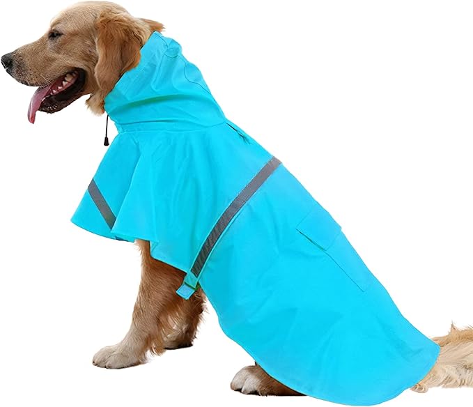 NACOCO Large Dog Raincoat Adjustable Pet Water Proof Clothes Lightweight Rain Jacket Poncho Hoodies with Strip Reflective (M, Lake Blue)